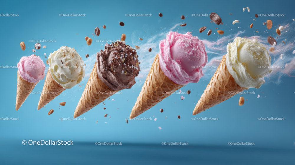 Colorful Ice Cream Scoops in Waffle Cones Splashing Water Stock Photo Bundle preview 6