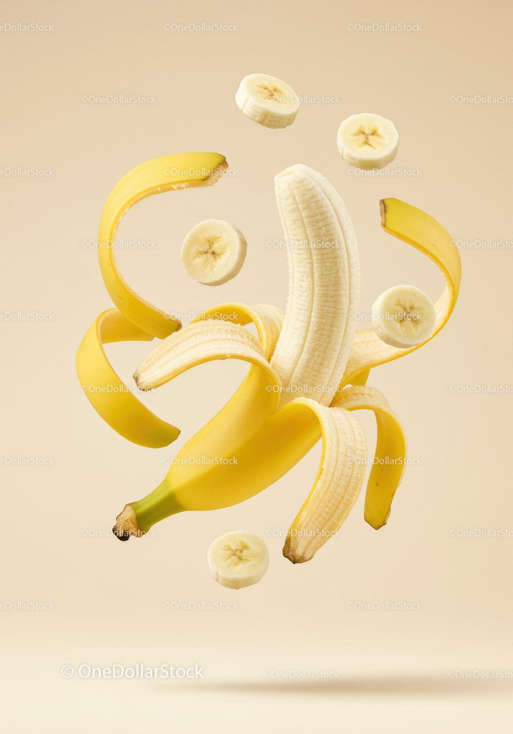 Sliced and Peeled Banana Floating in Soft Light