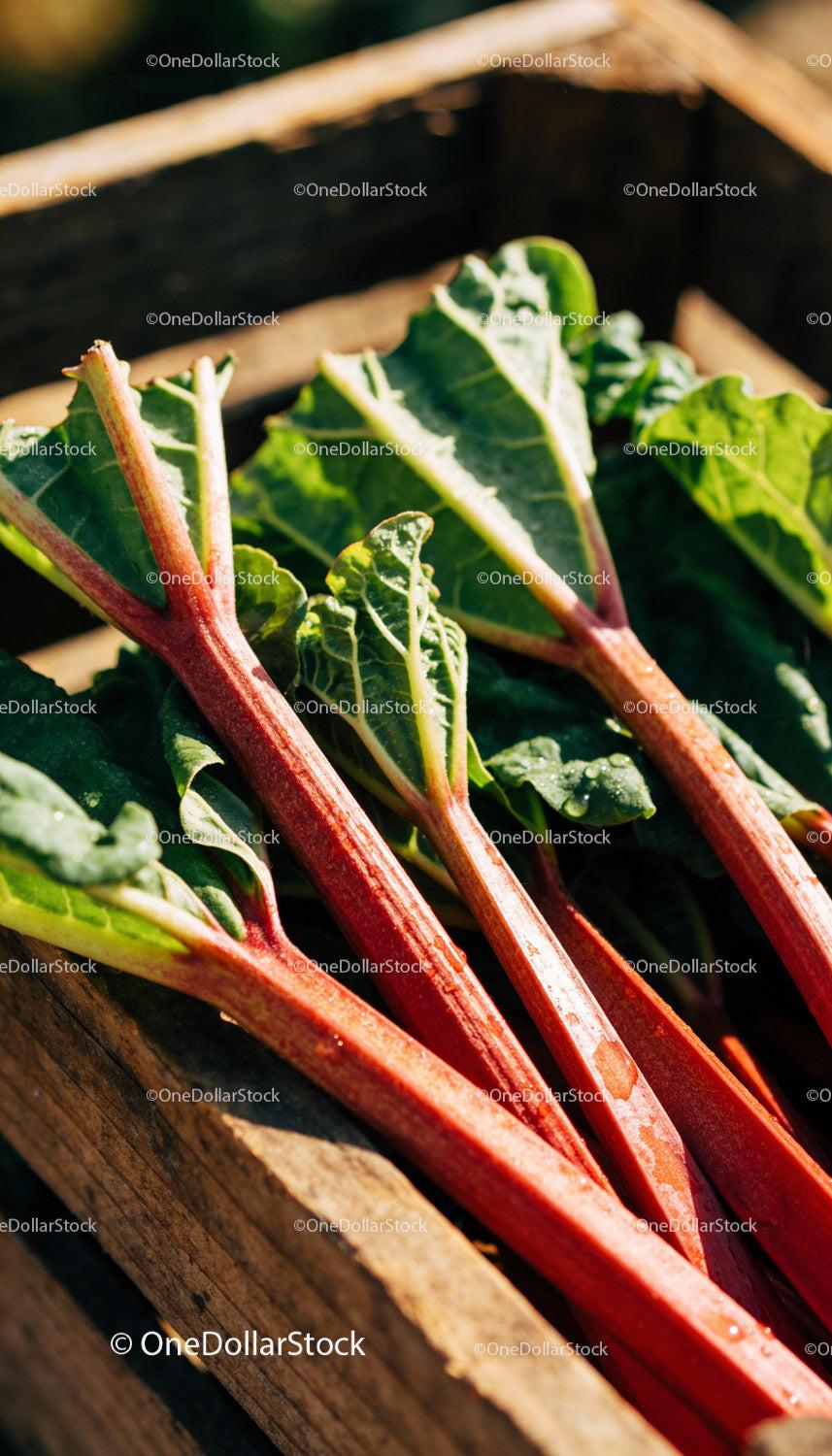 Fresh rhubarb stalks with leaves in rustic wooden crate