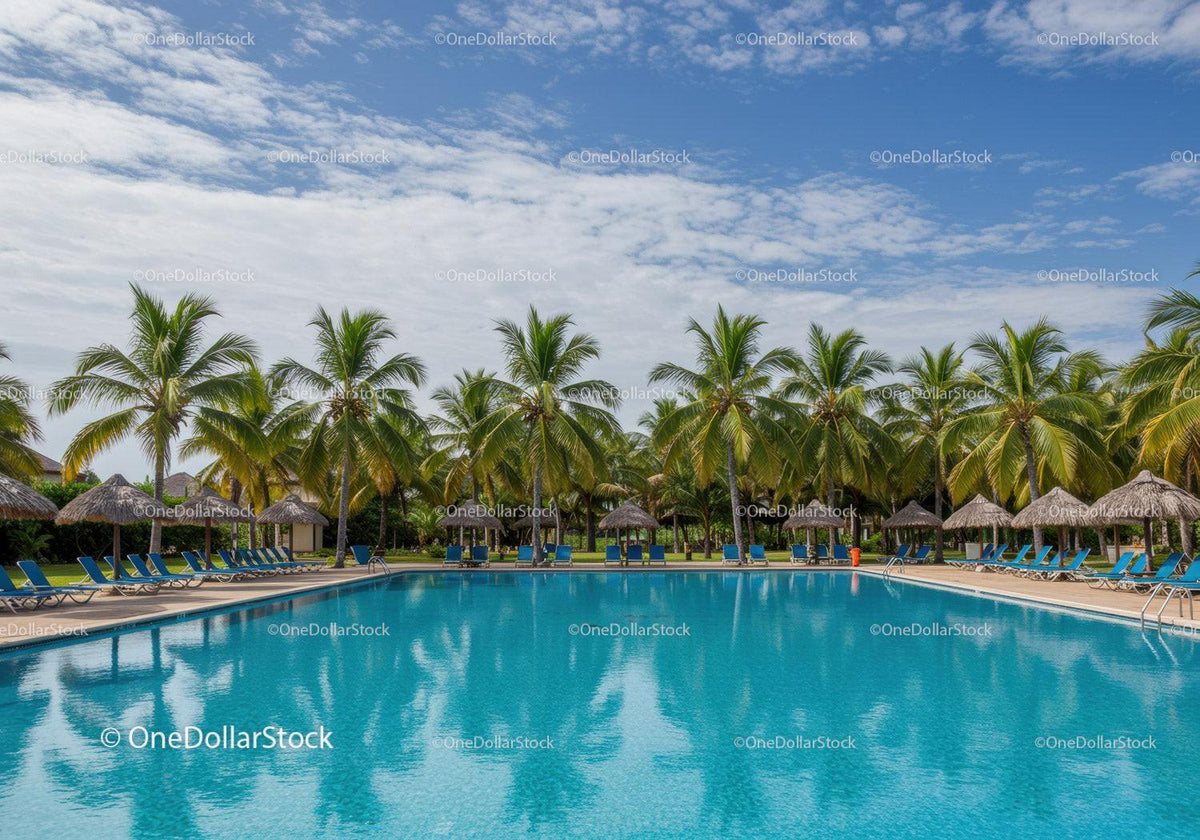 Tropical Resort with Swimming Pool and Palm Trees Under Blue Sky