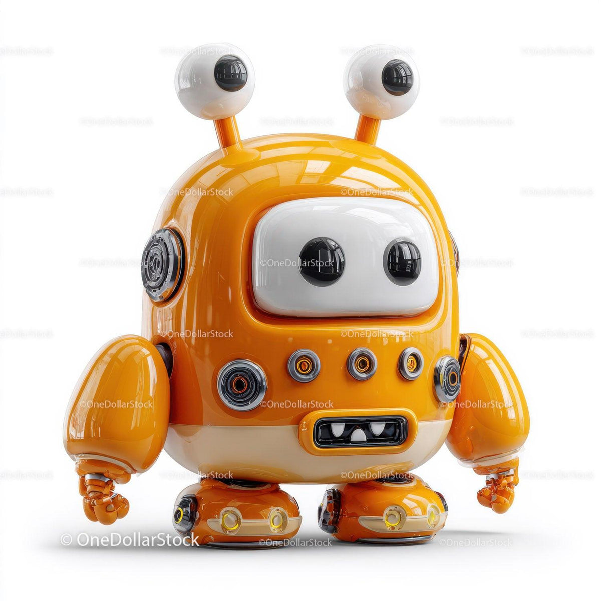 Glossy orange robot toy with round eyes and mechanical features on white background