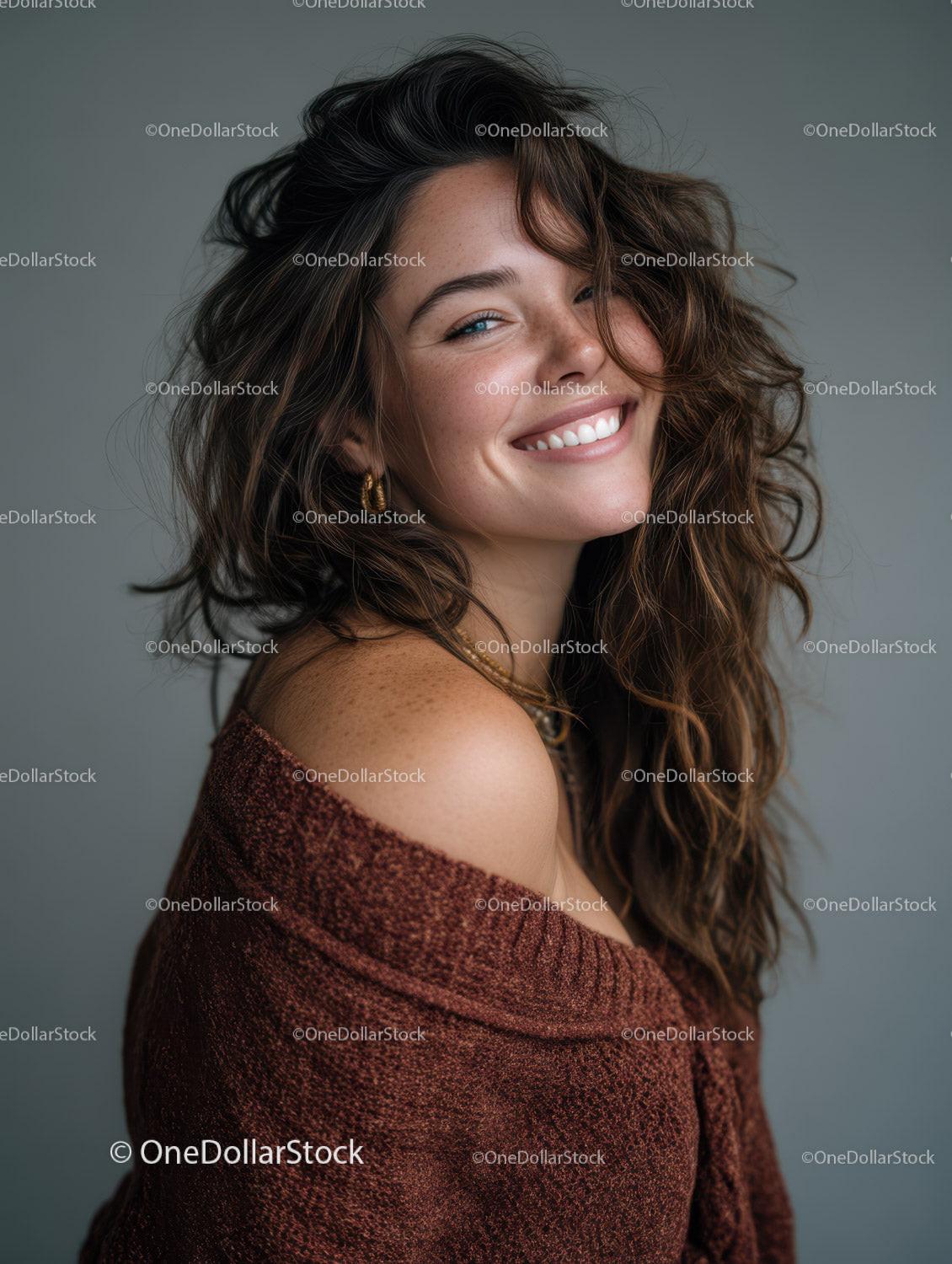 Joyful Woman with Curly Hair Wearing Cozy Sweater