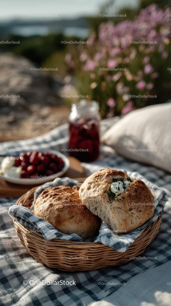 Rustic Bread Basket with Milk Jars and Daisy Flowers in Outdoor Setting Stock Photo Bundle preview 9