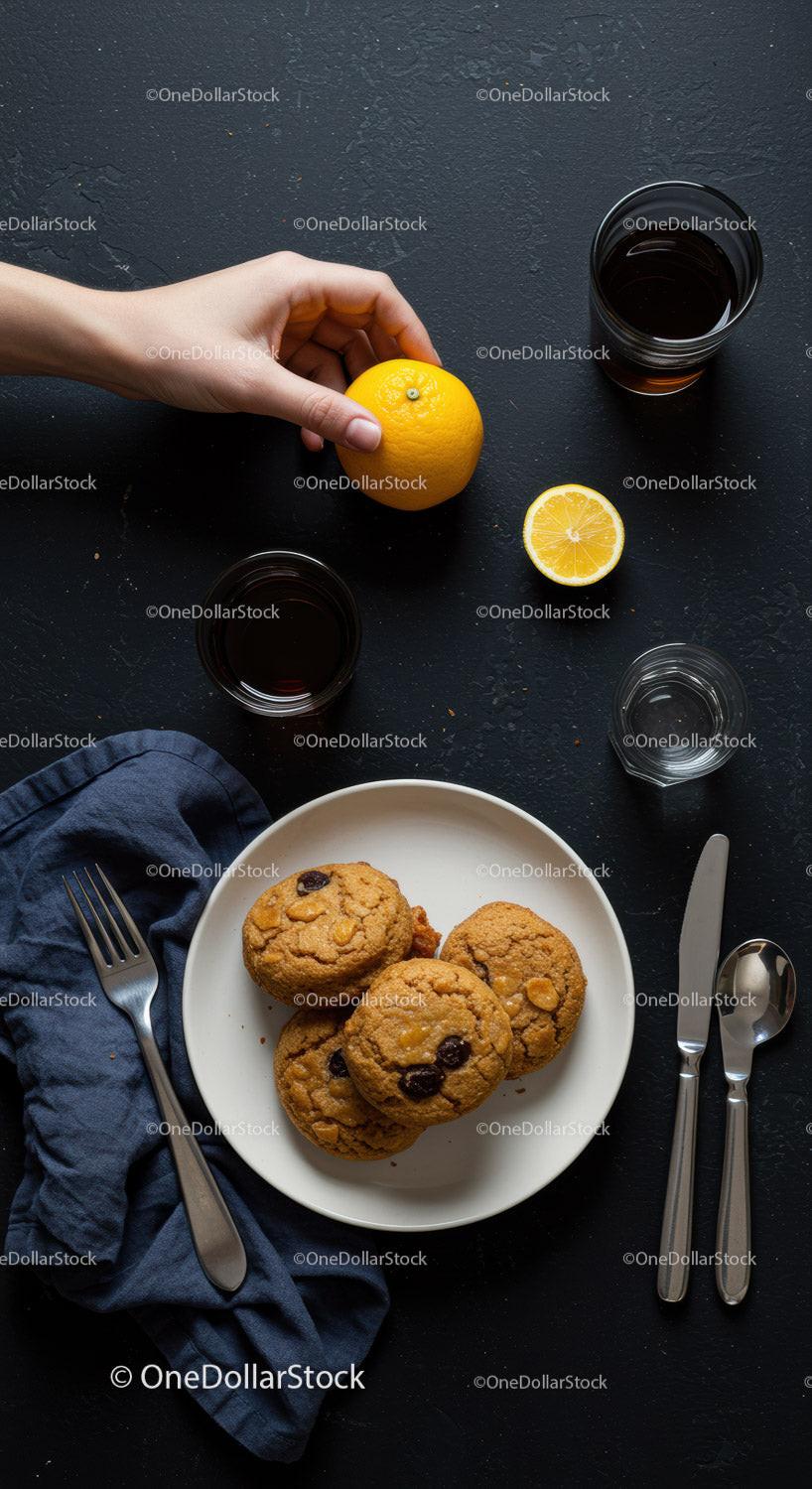 Hand Reaching for Fresh Orange Near Plate of Cookies