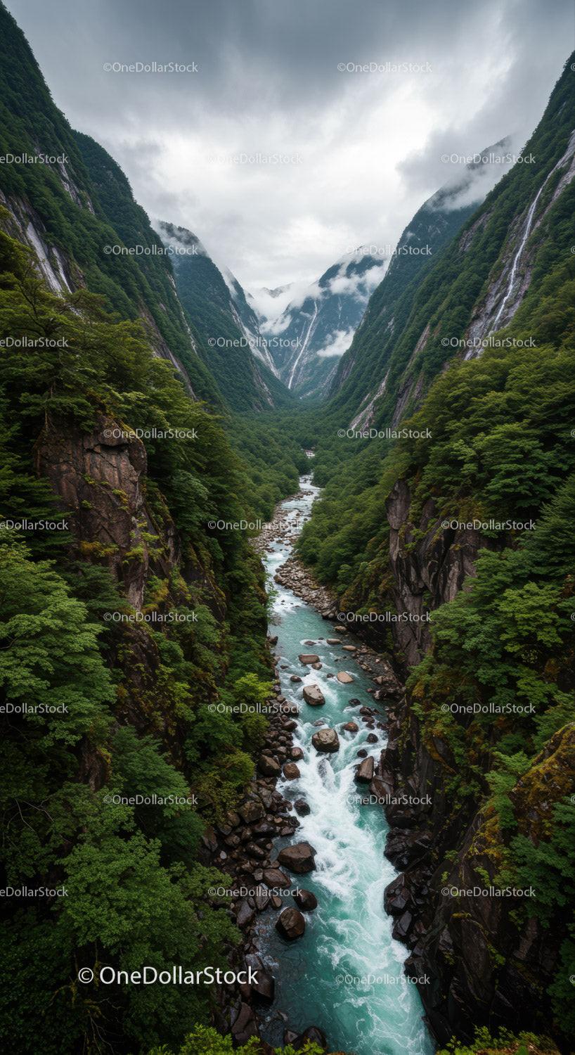 Majestic Mountain Canyon with River and Lush Green Forest