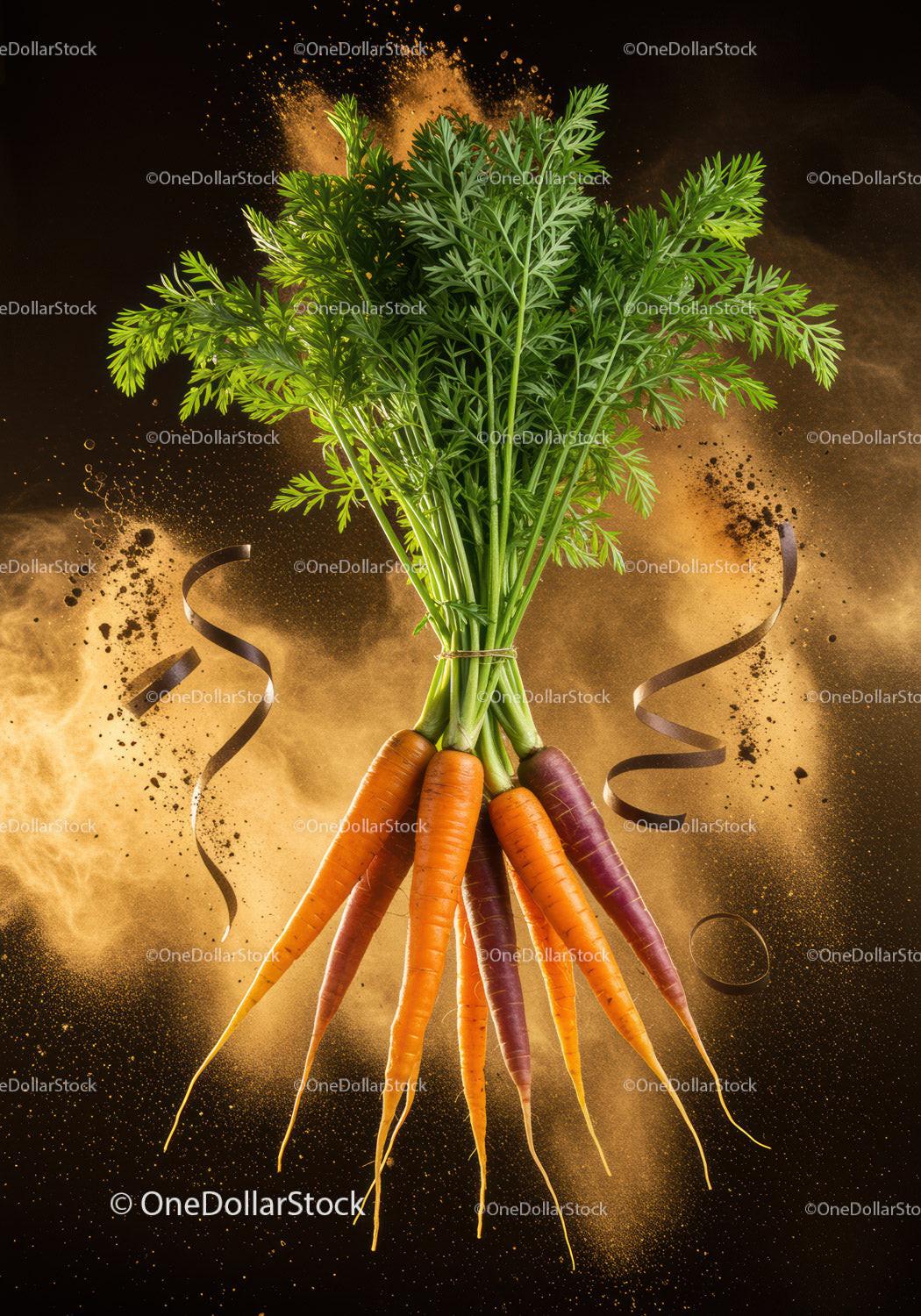 Fresh multicolor carrots with green tops on dark background