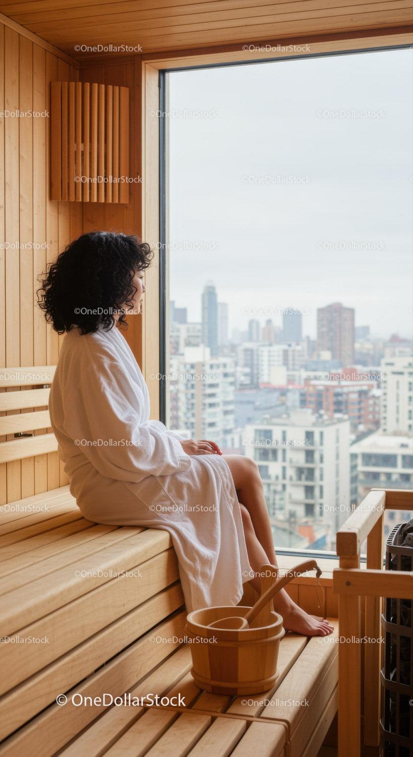 Woman Relaxing in Sauna Room with City Skyline View