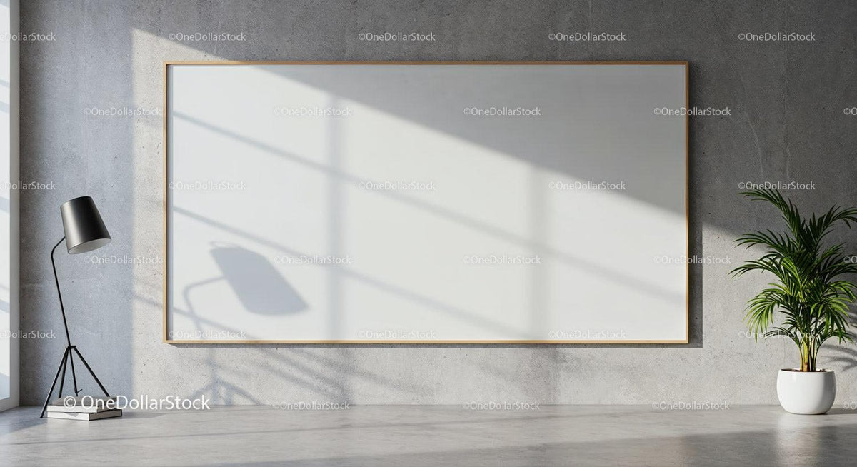 Minimalistic interior with blank wall art and floor lamp JPG Mockup Image preview