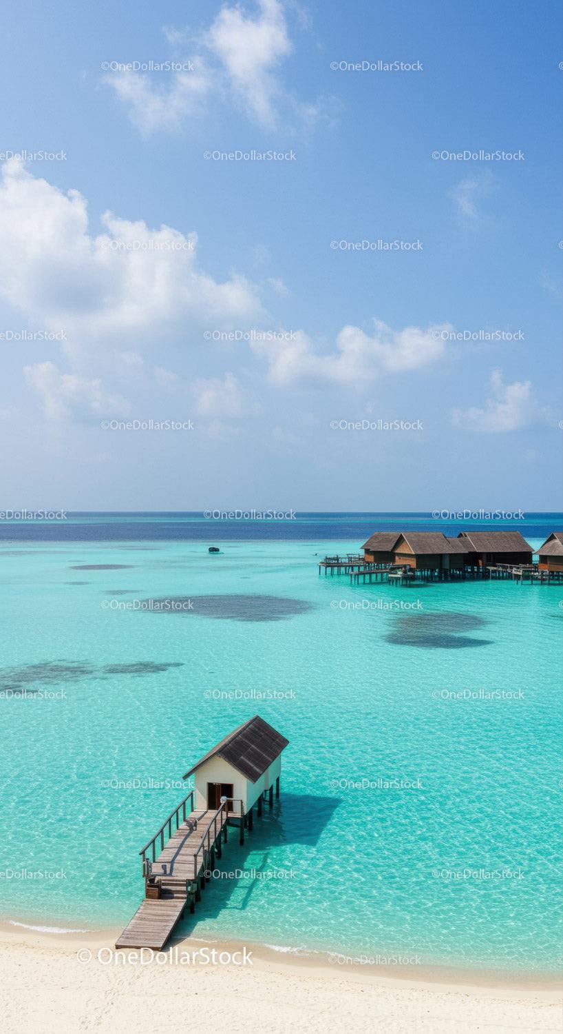 Charming Overwater Bungalows in Turquoise Tropical Paradise Scene