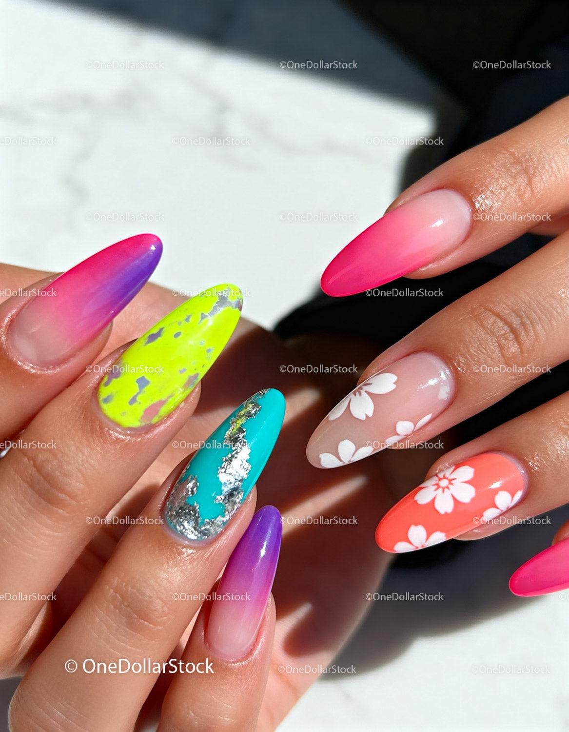 Colorful Gradient and Floral Nail Art Design
