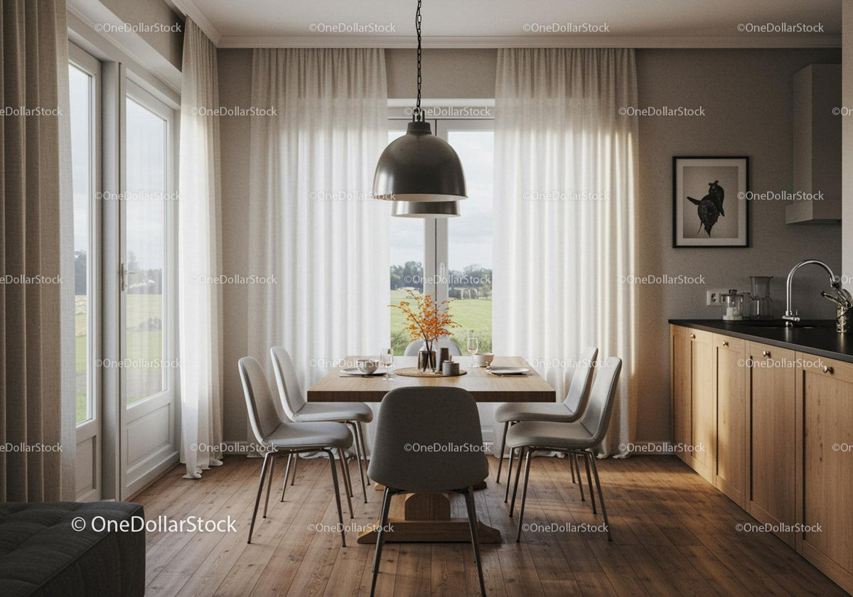 Modern dining room with large windows and natural light