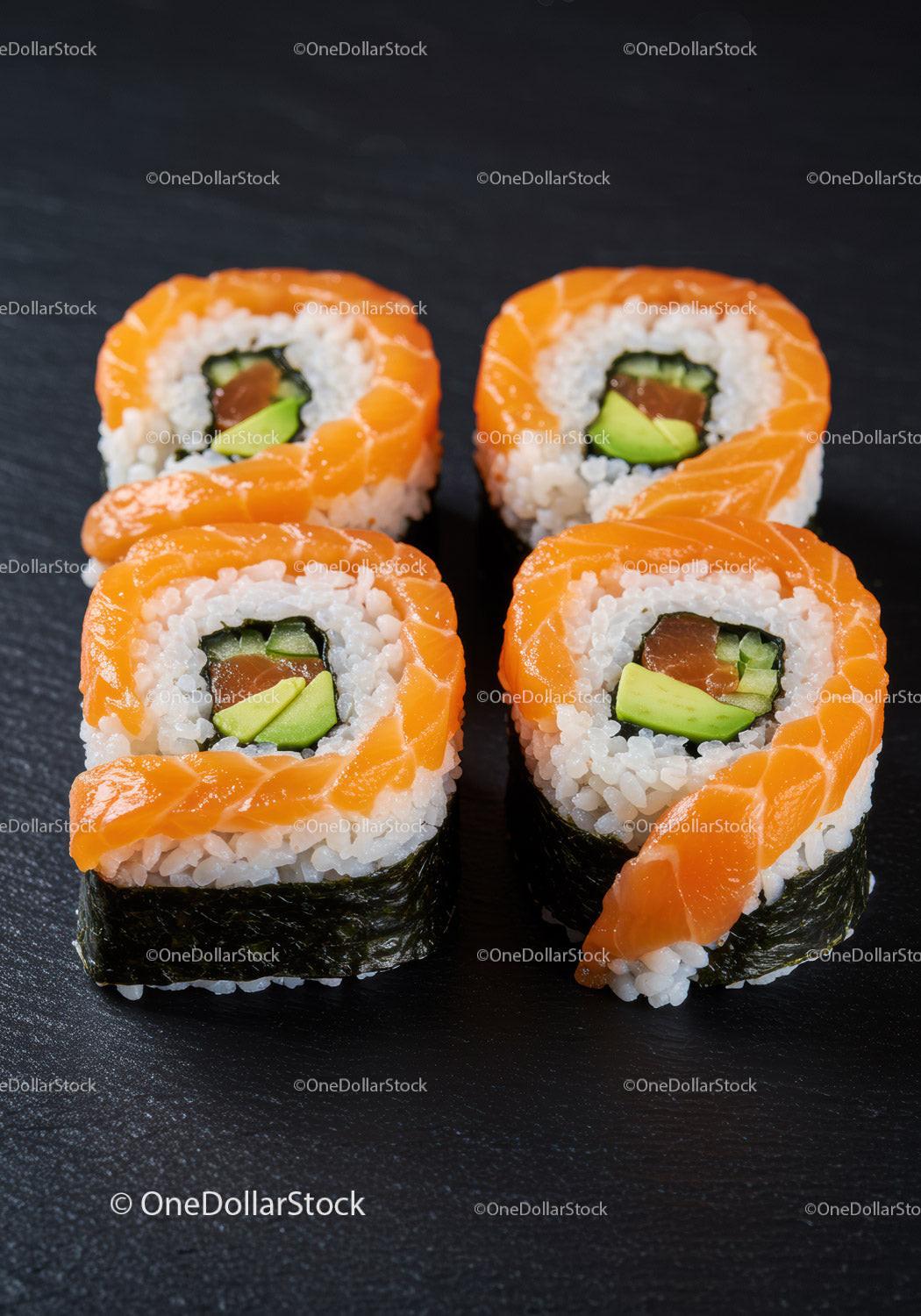 Fresh Salmon Avocado Sushi Rolls on Black Slate