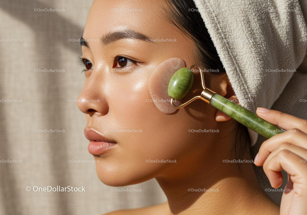 Close-Up of Woman Using Jade Roller for Facial Skincare and Relaxation