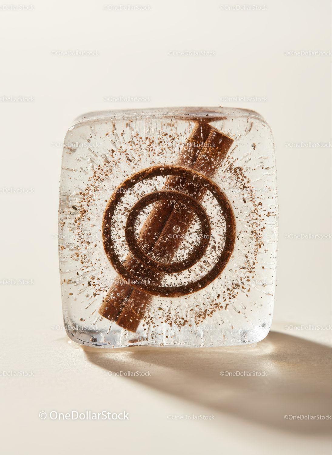 Clear Ice Cube with Cinnamon Sticks Inside on Light Background