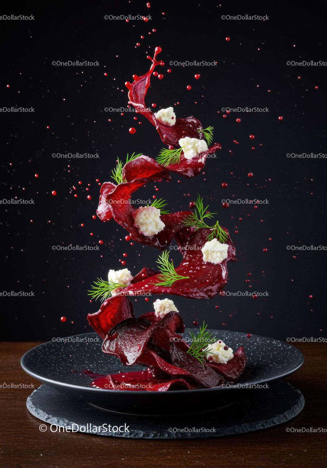 Beetroot chips with creamy cheese and fresh dill splash