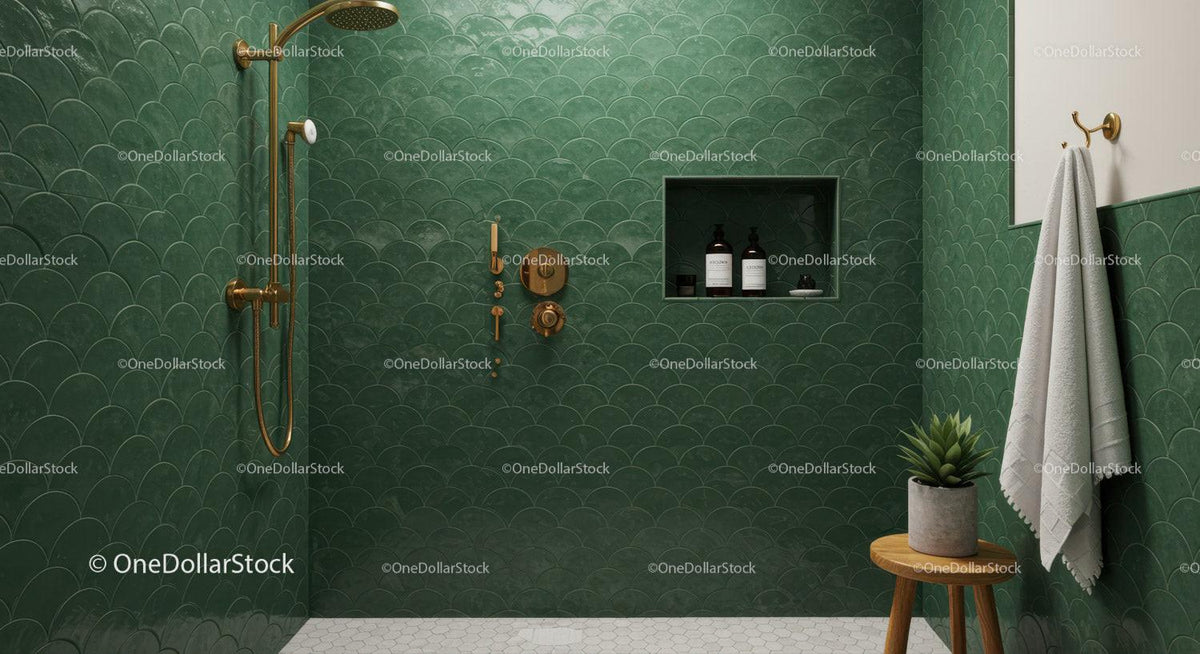 Modern shower with green scalloped tiles and brass fixtures