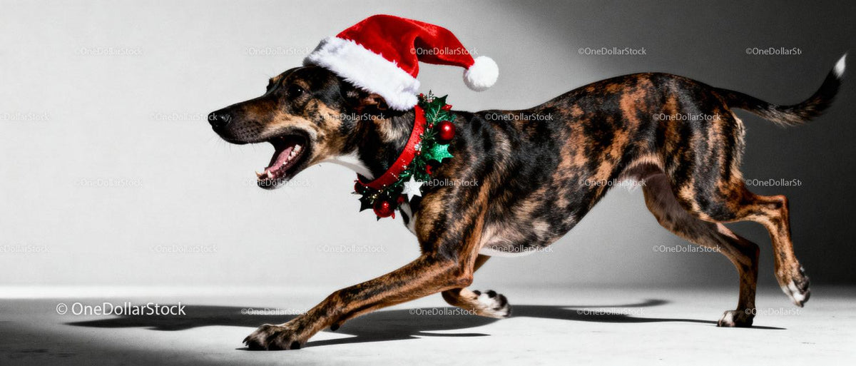 Playful Dog Wearing Santa Hat and Christmas Collar