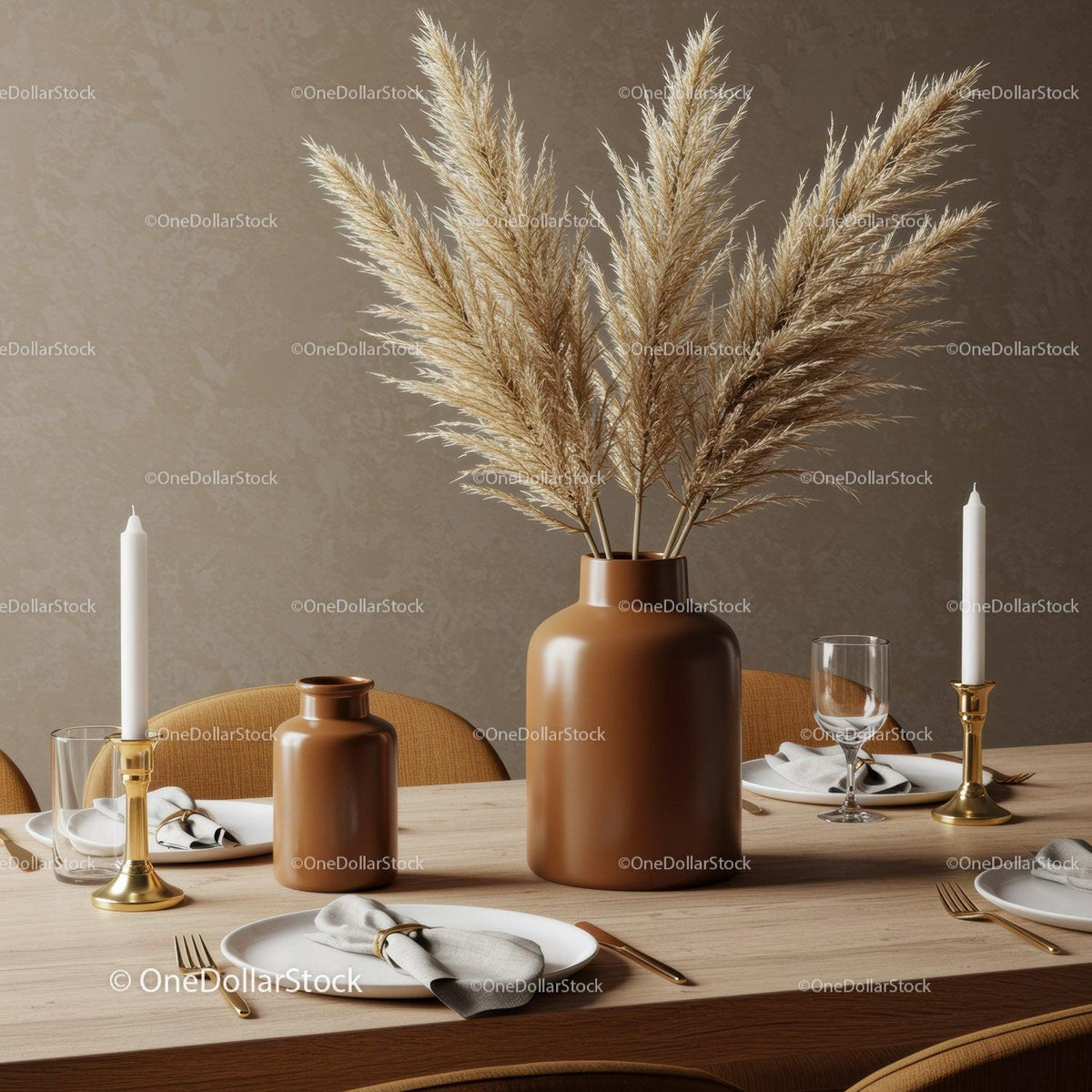 Elegant Dining Table with Pampas Grass and Ceramic Vases in Modern Interior