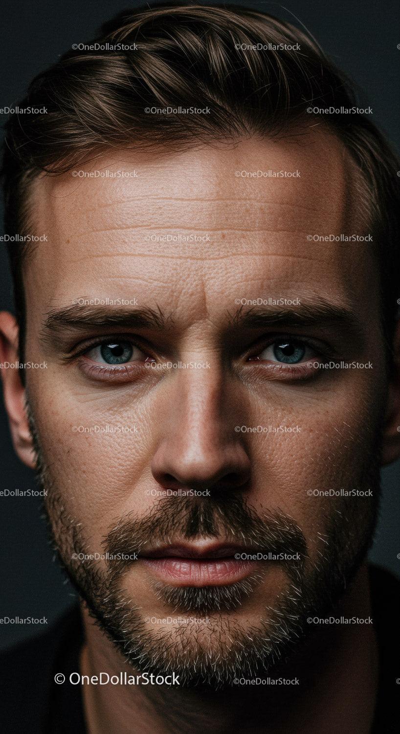 Close up portrait of thoughtful man with blue eyes