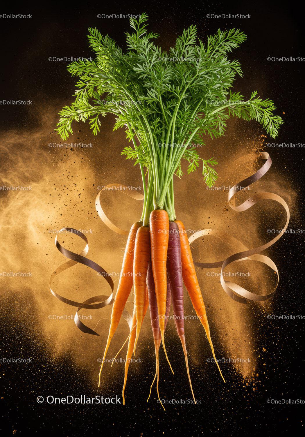 Fresh Colorful Carrots with Green Tops and Soil Dust