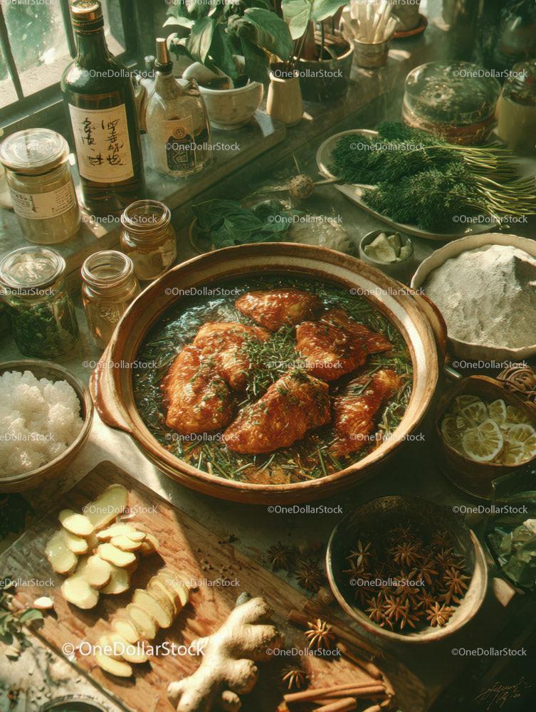 Herb-Seasoned Roast Chicken Cooking in Rustic Kitchen 16 JPG Files digital asset preview