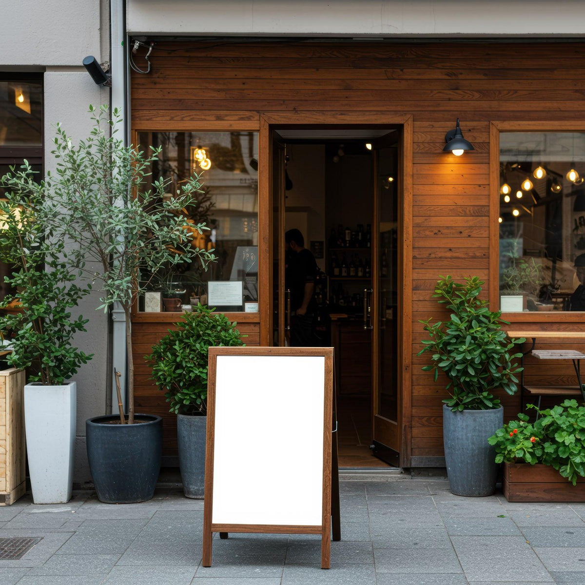 Cozy cafe entrance with blank wooden signboard and plants JPG Mockup Image preview