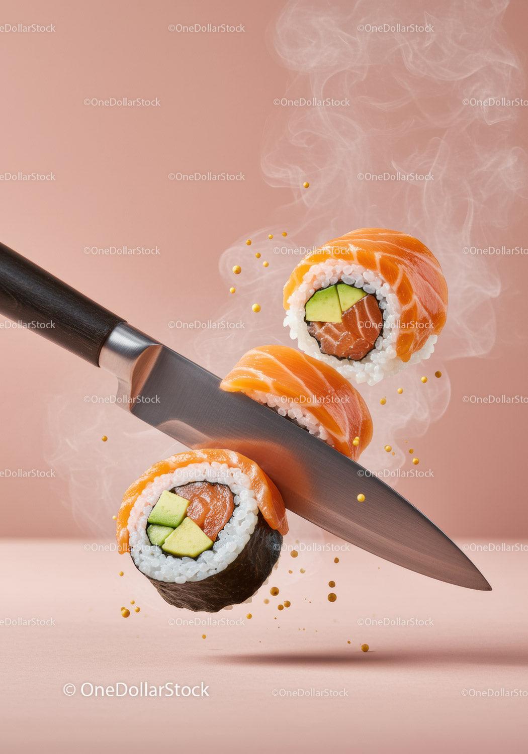 Fresh salmon sushi rolls with avocado being sliced by knife