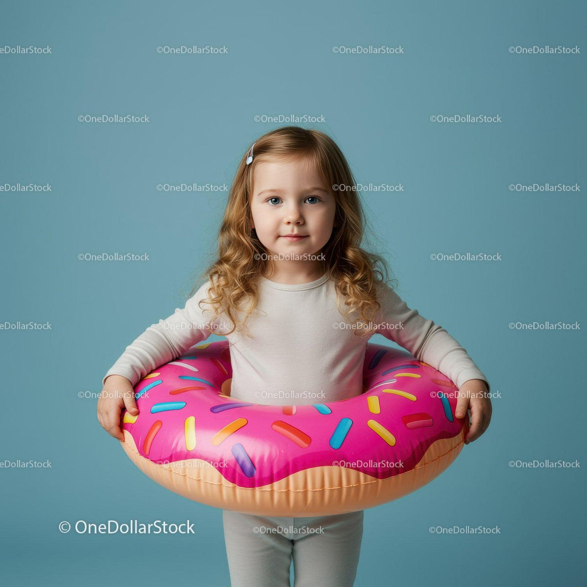 Little girl standing with a colorful donut float ring