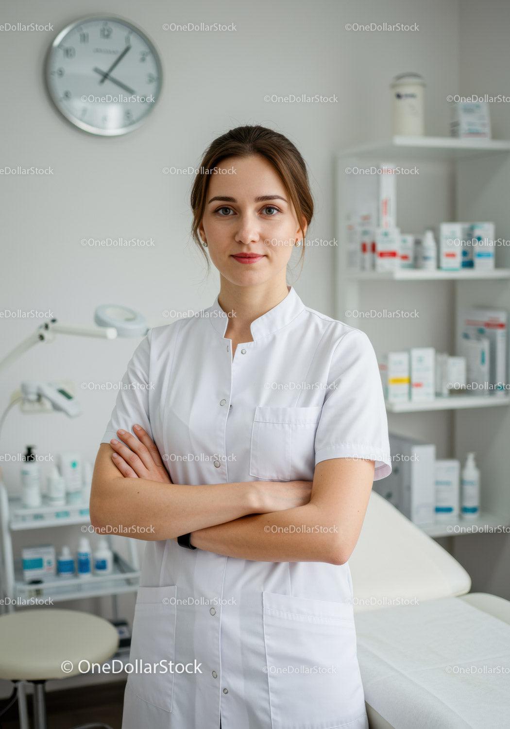 Female Healthcare Professional in White Coat Standing in Medical Clinic