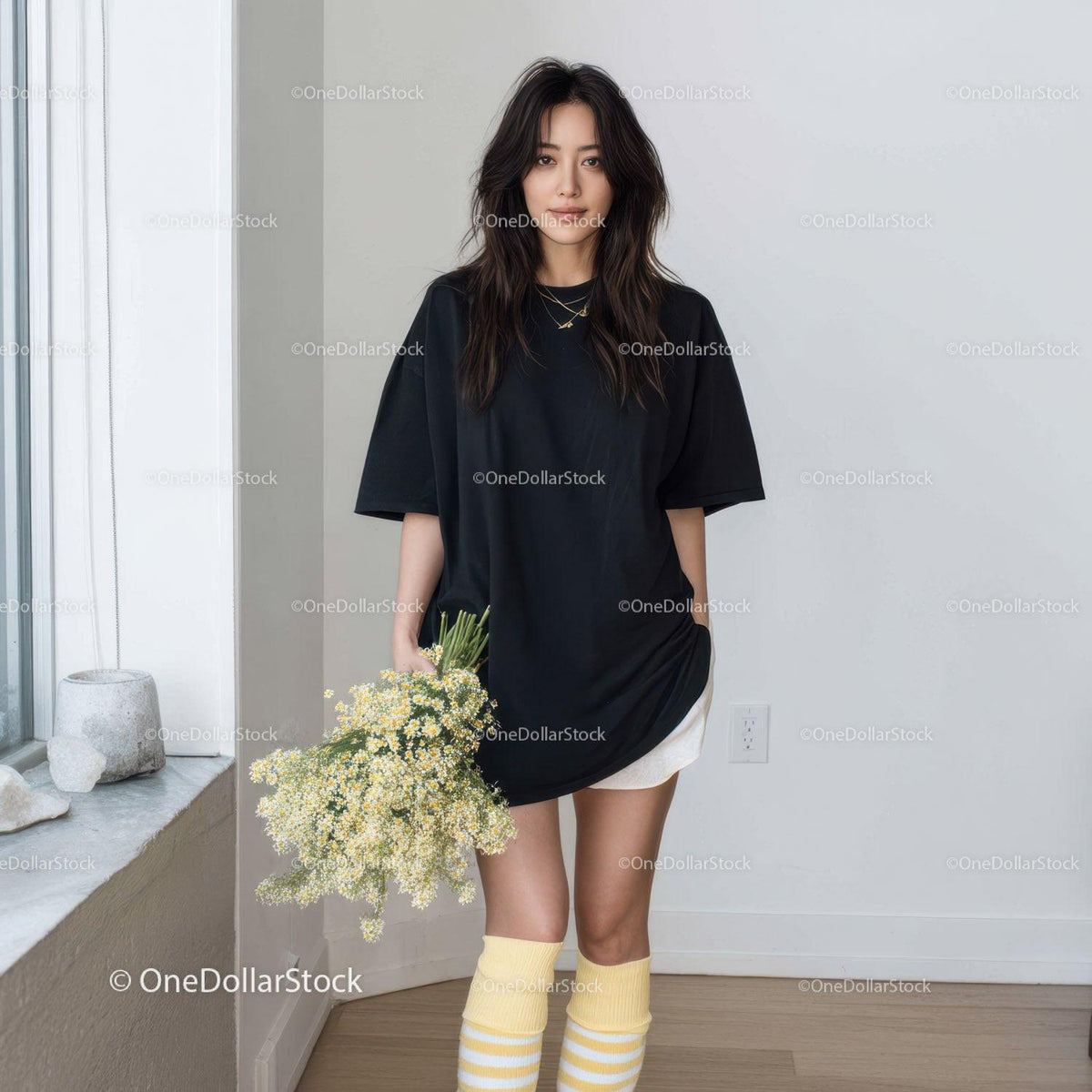 Fashionable Young Woman in Black T-Shirt and Yellow Socks Holding Flowers