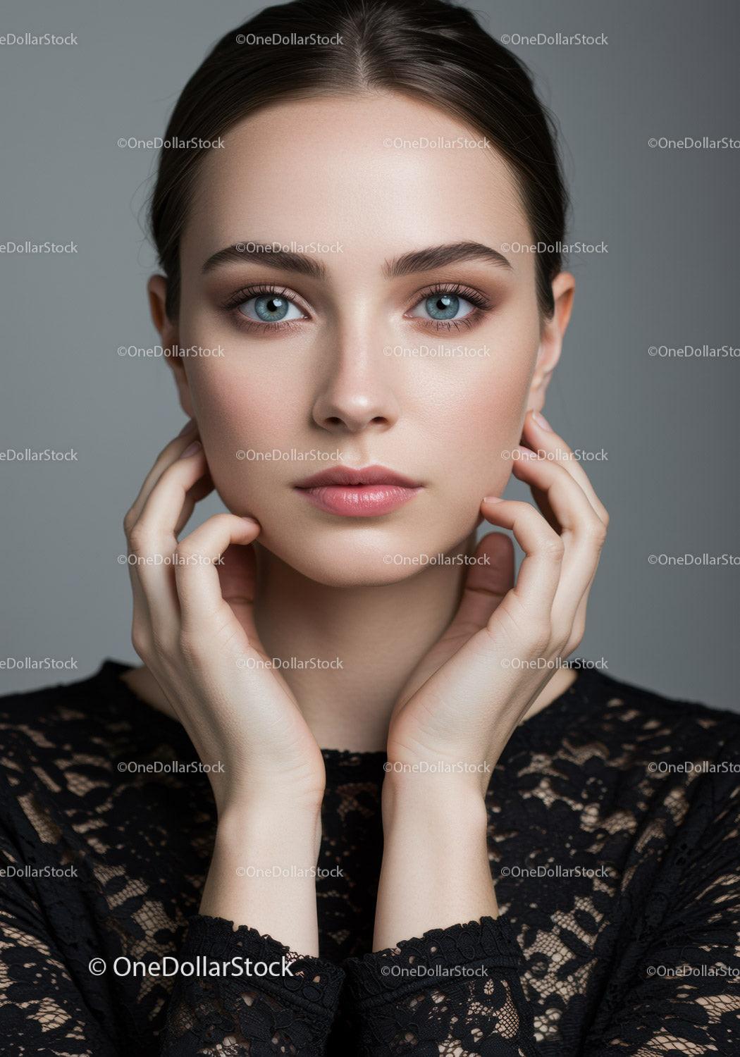 Elegant Portrait of a Young Woman with Blue Eyes and Black Lace Top