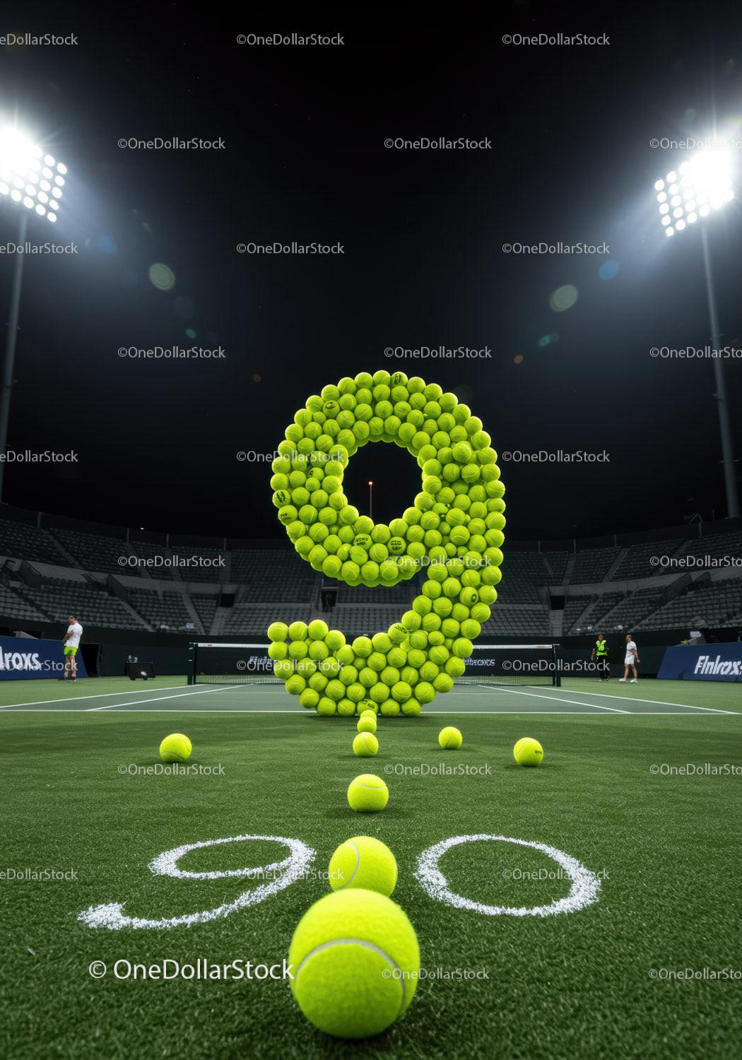 Number nine made of tennis balls on court at night