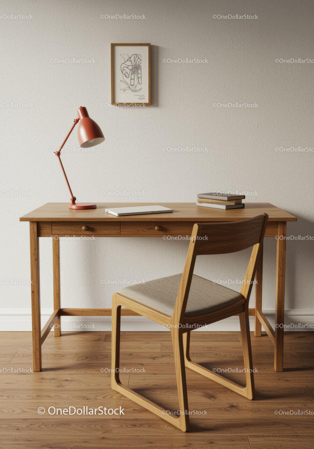 Modern Home Office Desk with Wooden Chair and Lamp for Productive Work