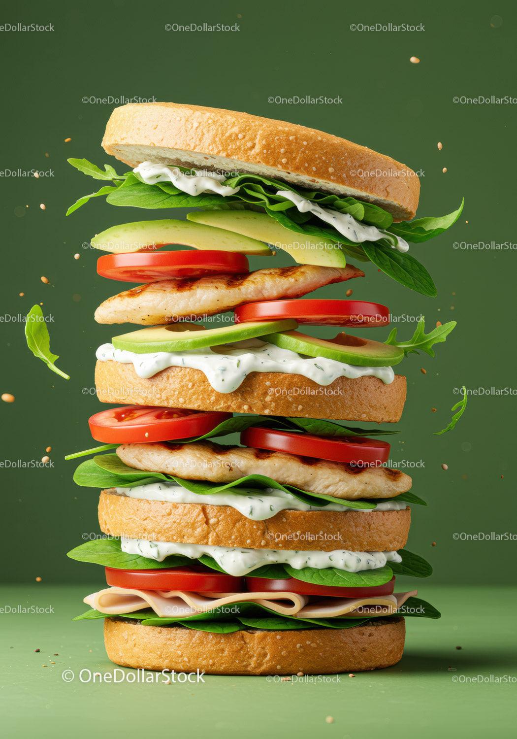 Stacked healthy sandwich with grilled chicken and veggies