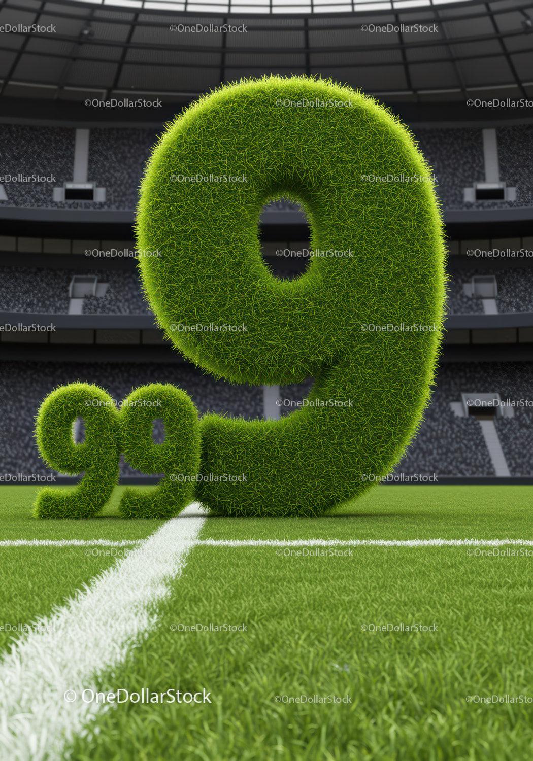 Large grass-covered numbers on a football field