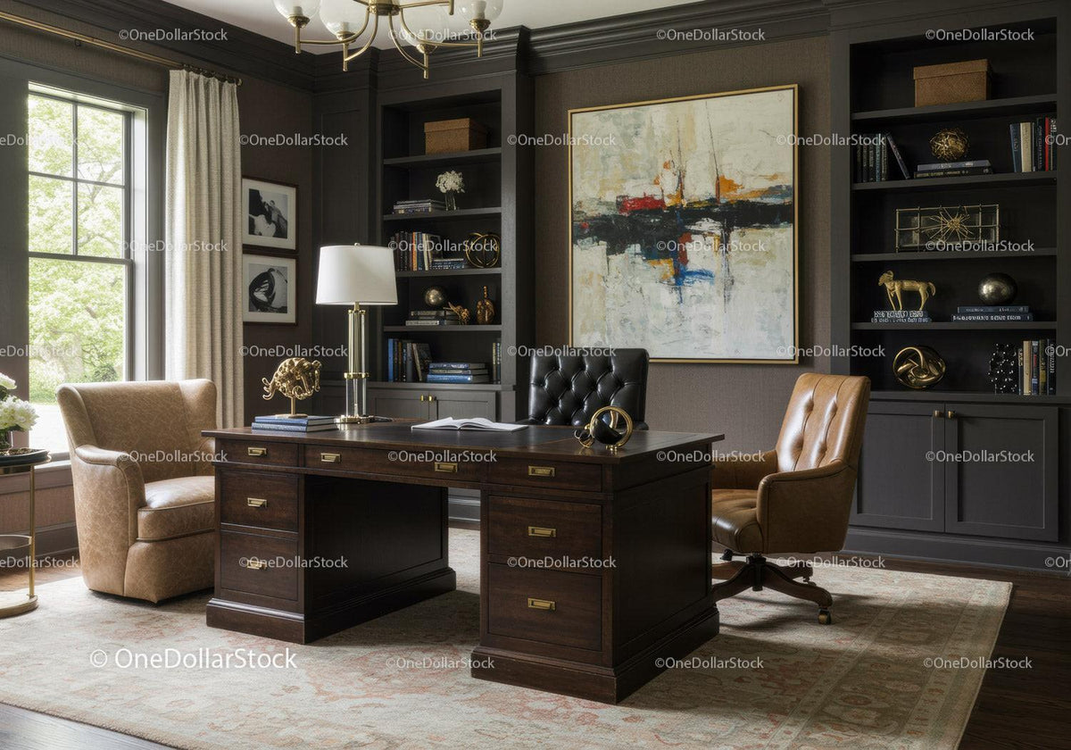 Elegant home office with classic wooden desk and leather chairs