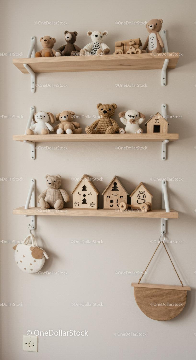 Cute Plush Bears and Wooden House Decor in Kids Room