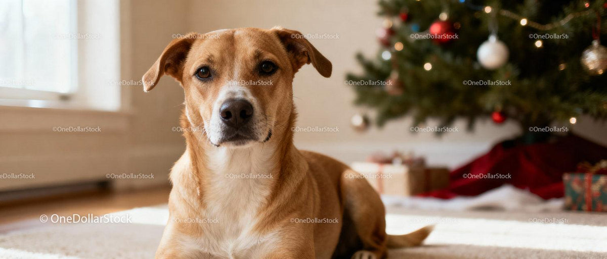 Calm dog resting indoors near decorated Christmas tree