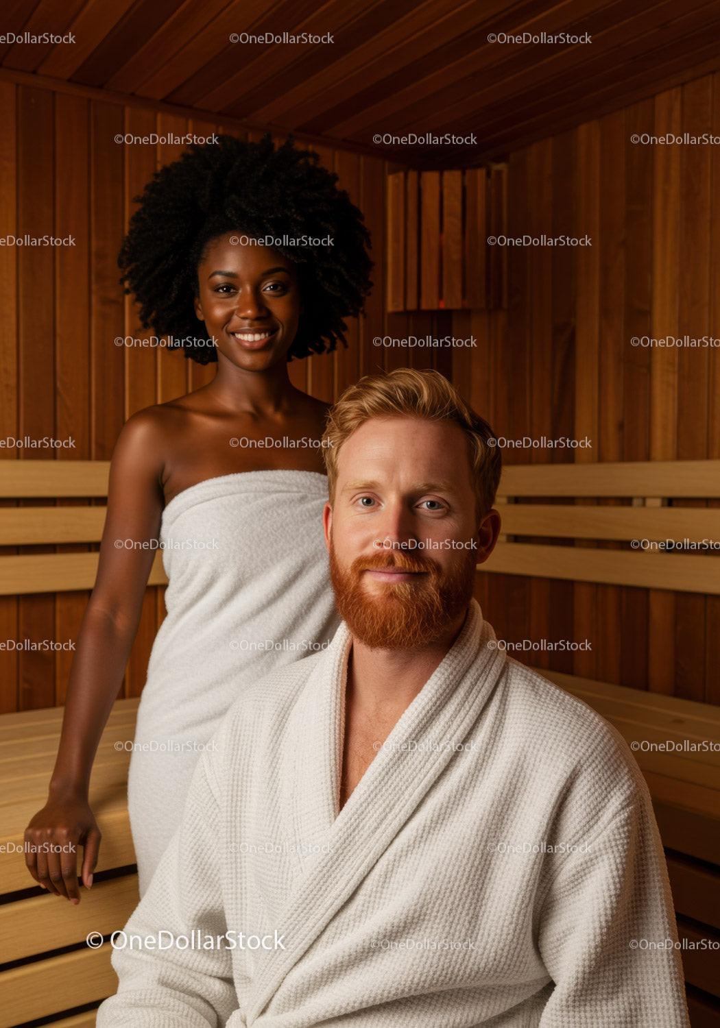 Healthy Couple Enjoying Spa Treatment in Cozy Sauna Room