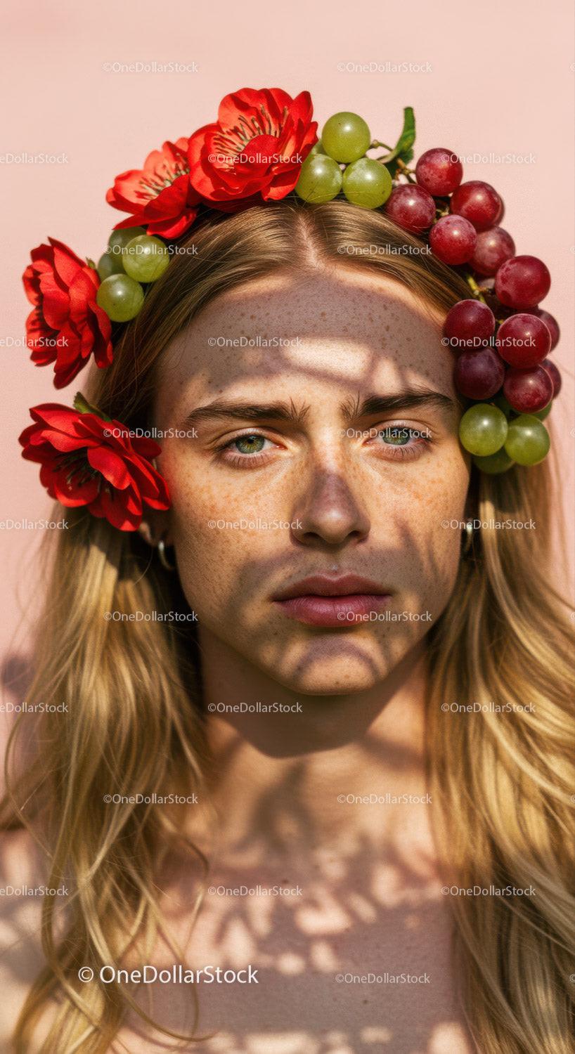 Man Wearing Floral Crown with Red Alstroemeria and Grape Flowers Stock Photo Bundle preview 11