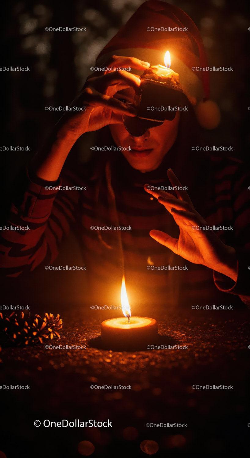 Man Wearing Santa Hat Warming Hands by Candlelight