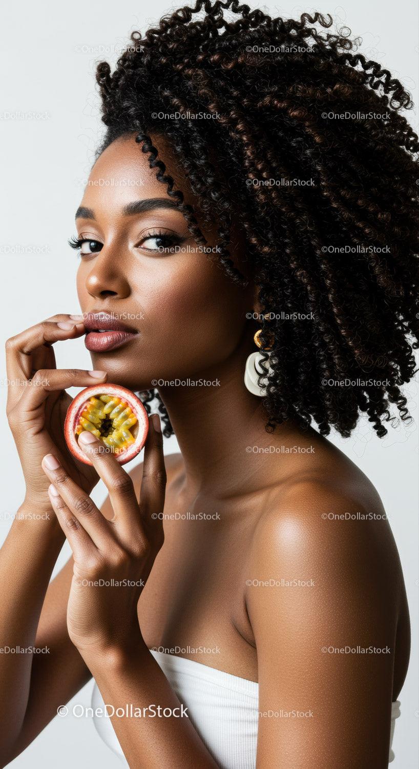 Elegant Woman with Curly Hair Holding Passion Fruit for Summer Beauty