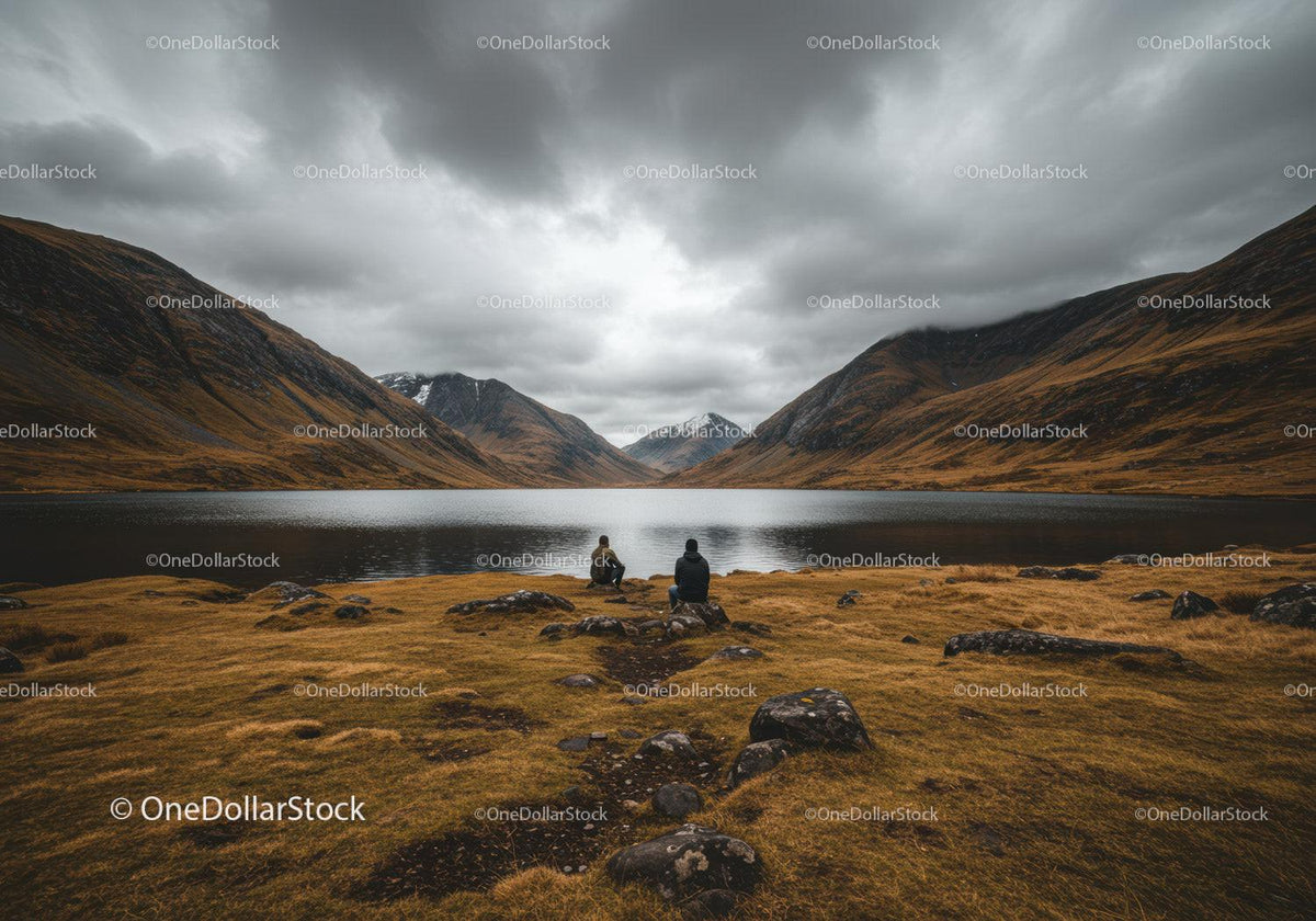 Scenic Mountain Lake Scene with Cloudy Sky and Tranquil Waters