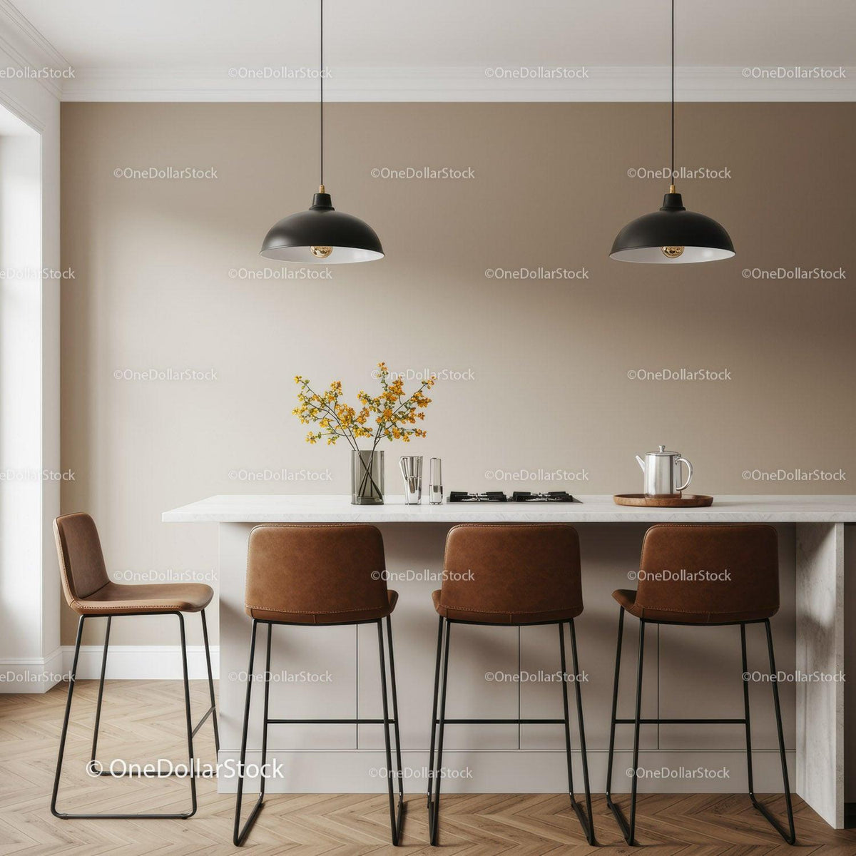 Modern Kitchen with Brown Chairs and Stylish Pendant Lighting