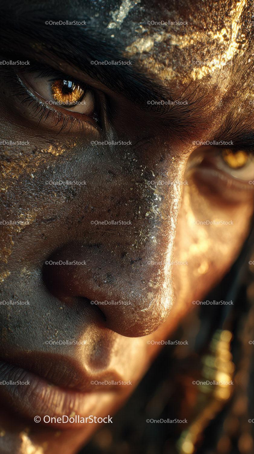 Close-up of An African Tribal Face with Gold Metallic Body Art Stock Photo Bundle preview 7
