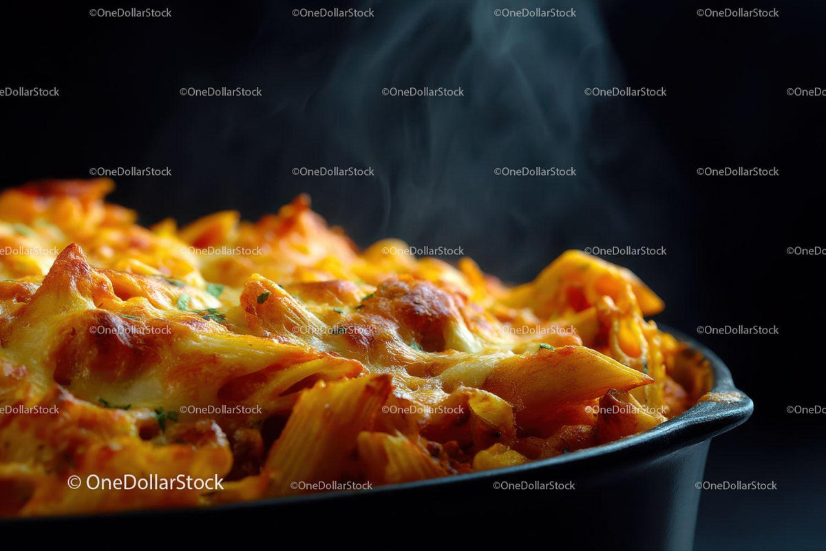 Cheesy Baked Pasta with Melty Cheese and Steam Rising