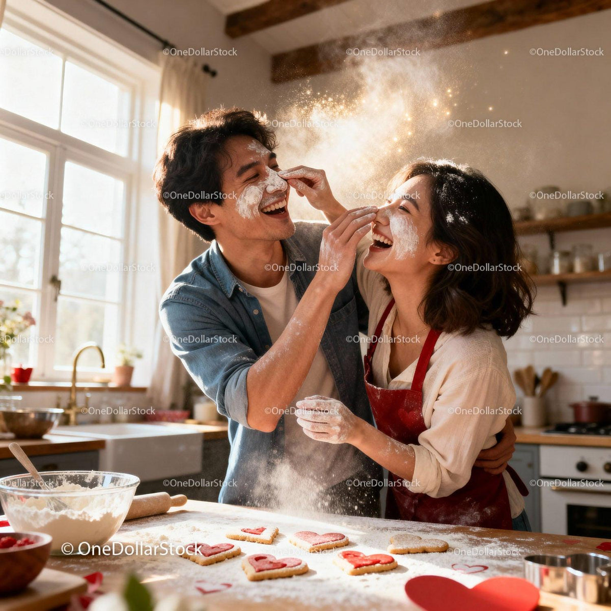 Couple Sharing Flour Fight While Baking Heart Cookies