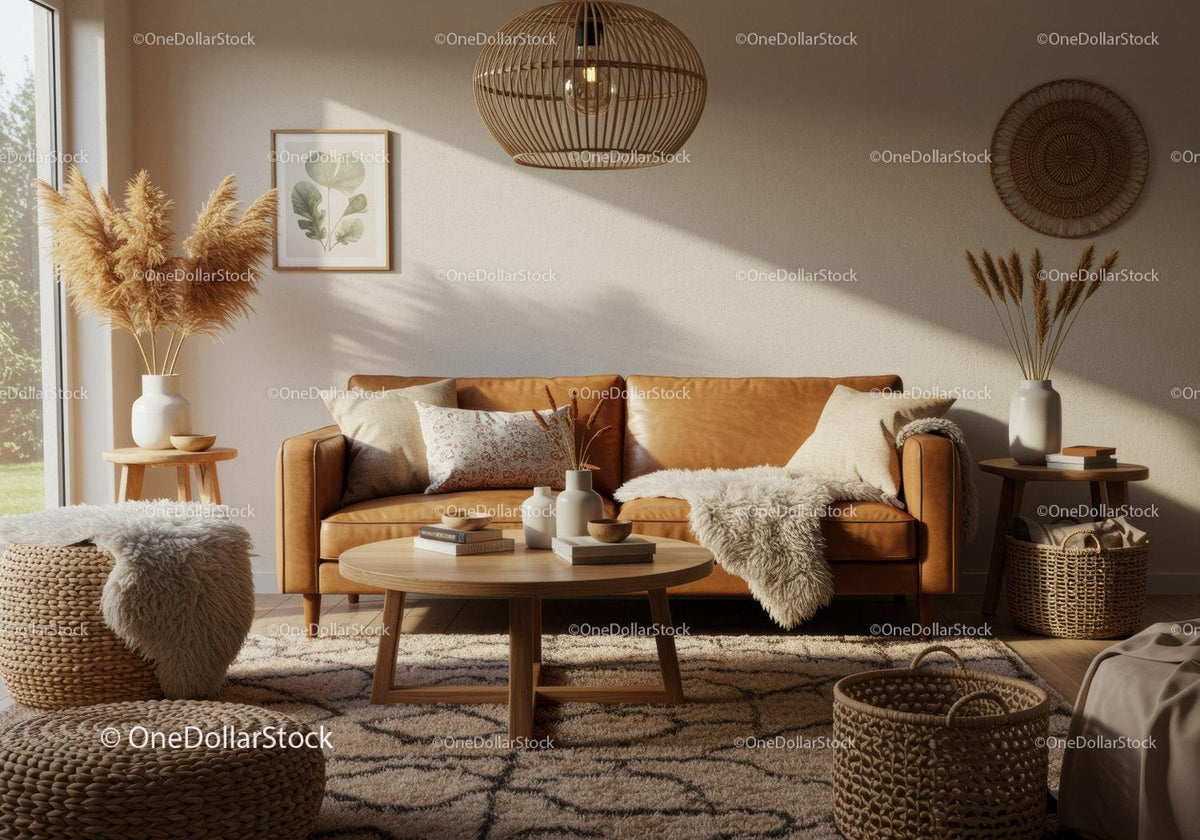 Cozy living room with warm natural textures and sunlight
