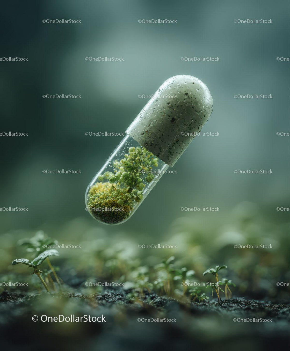 Capsule with green plant material floating above soil with small green sprouts