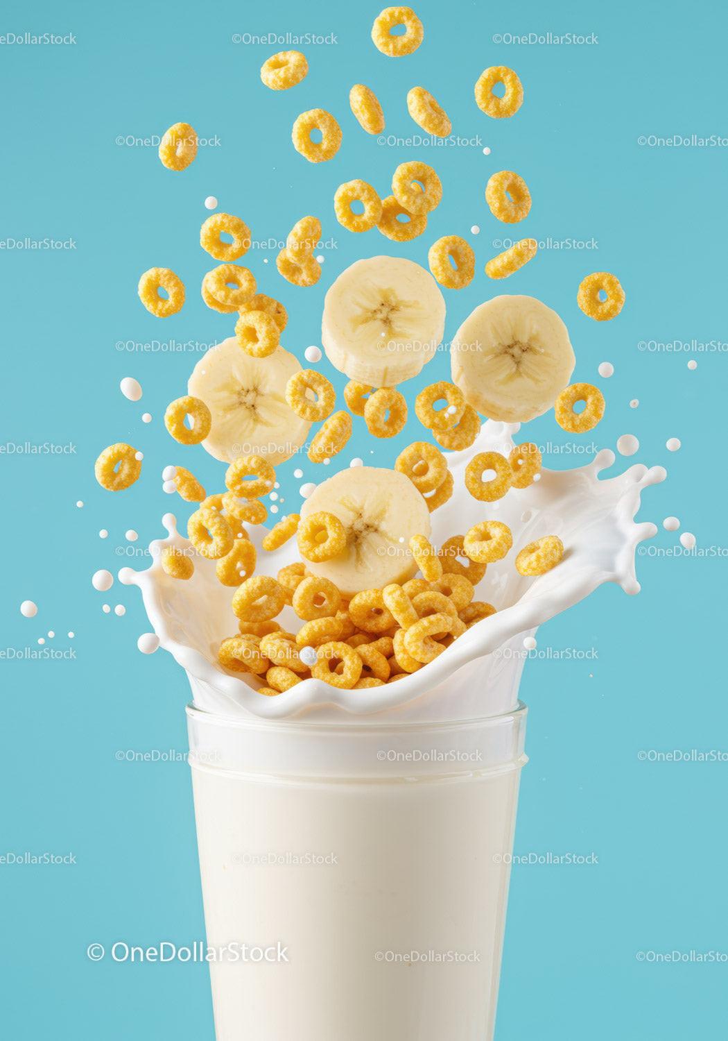 Splash of Milk with Cereal Rings and Banana Slices JPG Mockup Image preview